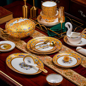 Chinese Style 80pcs Cookware Gold Enamel Series Tableware <b>Set</b> <b>Bone</b> <b>China</b> Bowls and Plates Porcelain <b>Dinner</b> <b>Set</b> - Product Image 2