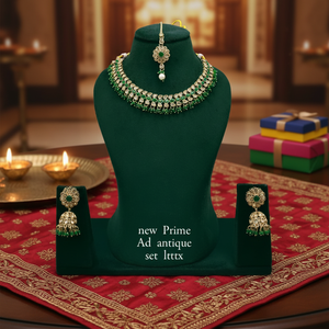 Ethnic High Quality Gold Plated Alloy Emerald Stone Necklace Earrings Maang Tikka Set Women Trendy <b>Indian</b> Engagement Anniversary - Product Image 3