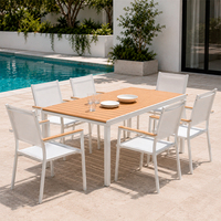 Mesa de comedor extensible para jardín HOMFUL con aspecto de teca, listones de aluminio con acabado de madera, mesa de comedor para exteriores resistente a la intemperie