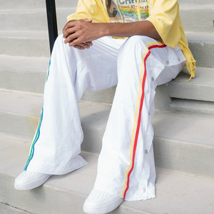 Huili, venta al por mayor OEM, pantalones de pierna ancha laterales con botón a presión, pantalones de chándal de nailon holgados de gran tamaño a rayas de colores personalizados para hombre - Product Image 2