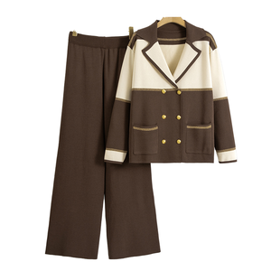 Women's 2025 <strong>Spring</strong> <strong>Autumn</strong> Casual Loose Set <strong>Double-Breasted</strong> Knitted Top with Button Decoration Wide-leg Pants <strong>New</strong> Two Piece Suit - Product Image 1