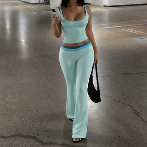 Ensemble deux pièces color block pour femme, col halter, haut court à col U et pantalon évasé longueur genou, tenue streetwear décontractée Y2K - Product Image 3