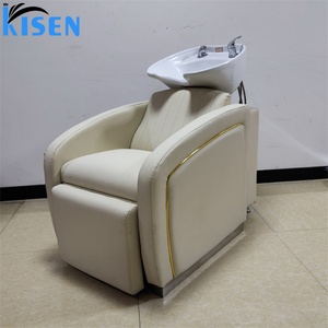 Sillón de Champú de Lujo Kisen con Reposapiés Ajustable, Cuero PU, Lavabo de Cerámica - Beige/Negro/Blanco/Naranja - Para Uso en Hoteles y Gimnasios - Product Image 1