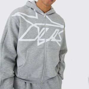 Sweat-shirt à capuche gris chiné avec motif étoile abstrait et fermeture éclair intégrale, pantalon de survêtement large à motif rétro, ensemble de survêtement deux pièces personnalisé pour homme - Product Image 3