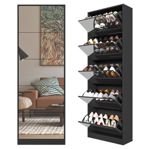 Tùy Chỉnh Tối Giản Ván Hạt Màu Đen Cao Lắp Ráp Siêu Mỏng Lật Giày Bằng Gỗ Tủ Đồ Nội Thất Với Gương - Product Image 2