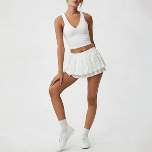 Ensemble de sport pour <span class=keywords><strong>femme</strong></span> : Soutien-gorge de yoga à col en V et jupe de <span class=keywords><strong>tennis</strong></span> plissée double couche, <span class=keywords><strong>tenue</strong></span> de sport sculptante - Product Image 1