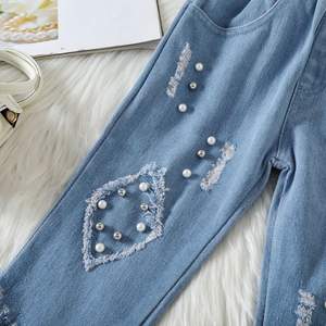 Groothandel <span class=keywords><strong>2</strong></span> Stuks Meisjes Kleding Sets Zomer Katoenen T-Shirt Denim Broek 3d Bloemen Lange Mesh Mouw Kralen Kwastje Lieve Kinderen - Product Image 5