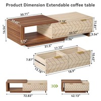 Mesa de Centro de Madera Retráctil Moderna y Duradera, Ajustable de 42 a 65 Pulgadas, con 2 Cajones Reversibles para Almacenamiento