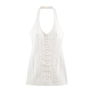 White <b>Halter</b> Lace Up Mini <b>Dress</b> Fit And Flare Sleeveless Casual <b>Summer</b> Woven Cotton Solid Color Breathable Natural Waistline - Product Image 1