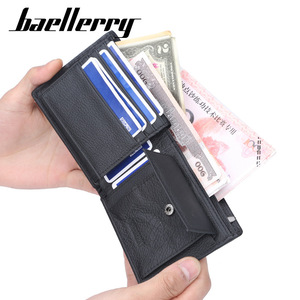 Baellerry <b>Men's</b> Short <b>Wallet</b> Genuine Leather Multi-Card Slot <b>Black</b> Solid Color Lychee Pattern Business Style - Product Image 2