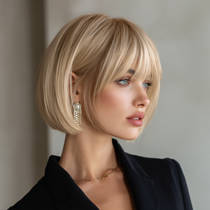 Peluca BOB al por Mayor, <span class=keywords><strong>Cabello</strong></span> Sintético Corto con Capas Doradas, Estilo Liso Marrón Oscuro con Flequillo, Aspecto <span class=keywords><strong>Natural</strong></span>, Encaje Transparente-SM416 - Product Image 1