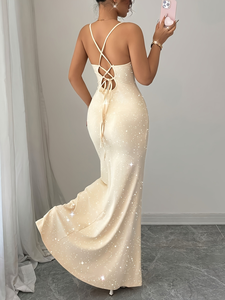 Abito lungo da donna bianco glitterato aderente, personalizzabile OEM/ODM, con <span class=keywords><strong>spalline</strong></span> sottili e taglio a sirena, per il commercio all'ingrosso - Product Image 2