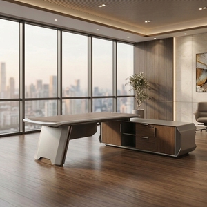 Escritorio Ejecutivo Moderno en Forma de L, Mesa Curva de Lujo para Gerentes, Estación de Trabajo con Cajones Laterales con Cerradura <span class=keywords><strong>y</strong></span> Almacenamiento - Product Image 1