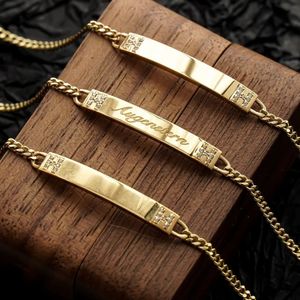 Xinfly Classic <b>Men</b> and Women Pure Solid 18k Gold Custom Fine Jewelry Blank Sideways Engraved Letter Bar Cuban Link Bracelet - Product Image 1
