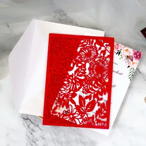 사용자 정의 반짝이 레이저 컷 꽃 잎 결혼식 초대장 리본 및 봉투 맞춤 결혼식 초대 카드