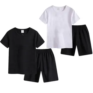 Оптовая цена, детские летние комплекты одежды для мальчиков, черный и белый однотонный стиль, 2 шт., футболка и шорты, спортивная одежда