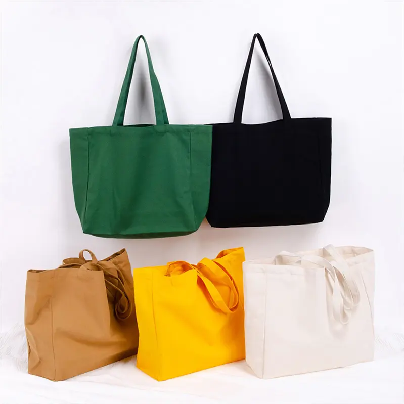 New Custom Logo Printed Extra Large Canvas Tote Bag Plain Green Yellow Khaki Cotton Canvas Tote Bags With Long Handle