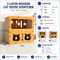 Griffoir pour chat en bois à trois niveaux avec jouets interactifs à pompons, structure en bambou, carton ondulé, arbre à chat écologique