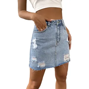 Grosir Rok Denim Fading Frayed Hem Denim Wanita Rok Jeans Pendek Rok Denim Mini Perempuan