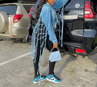 Loveda veste en jean courte et habillée avec logo personnalisé pour femmes veste en jean à pampilles avec grille arrière et poche