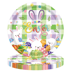 Purple Checkered <b>Easter</b> Bunny Party Tableware Set 40-60 Pcs Disposable Plates <b>Cups</b> Napkins Tablecloth Decorations - Product Image 2