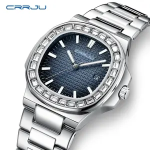 Crrju 2024 Newest Waterproof Stainless Steel Band Diamond Square Men Watches Luminous Hand Watch Relogio Masculino