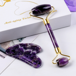Gaya populer kristal ungu alami Gua Sha <span class=keywords><strong>Roller</strong></span> batu Amethyst <span class=keywords><strong>Roller</strong></span> Guasha pemijat grosir rol giok dan Set Gua Sha - Product Image 1