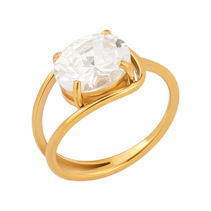<span class=keywords><strong>Bague</strong></span> pour <span class=keywords><strong>femme</strong></span> en acier inoxydable plaqué or 18 carats de haute qualité, avec grand zircon ovale superposé et barre en zircone cubique, étanche - Product Image 1