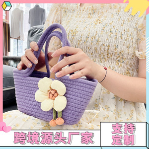 Woven bucket <b>bag</b> for women, <b>straw</b> braided, new spring/summer style, solid color, fresh and simple, perfect for vacation. Floral - Product Image 5