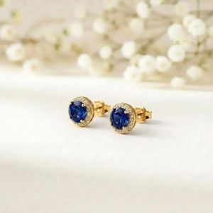 Handcrafted Natural Sapphire Round Cut <b>Stud</b> Earrings In 925 <b>Sterling</b> <b>Silver</b> Or 18K Gold Filled Deep Blue Gemstone Minimalist - Product Image 2