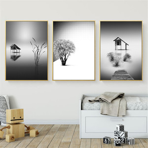 Bianco e nero <span class=keywords><strong>casa</strong></span> tranquilla albero stampa su tela Poster immagine della parete decorazione artistica pittura a olio su tela Poster stampa immagine d'<span class=keywords><strong>arte</strong></span> - Product Image 1