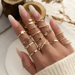 Fashion geometric butterfly hollowed out ring set sweet overlay micro set star moon pearl joint women ring jewelry
