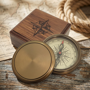 Boussole vintage en bronze, outil de navigation en métal avec étui en bois pour le camping, la randonnée, cadeau - Product Image 3