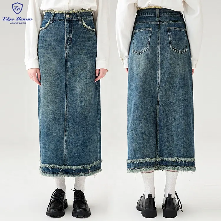 EDGE DENIM custom vintage wash blue ladies girl midi high waist maxi denim jeans skirts for women