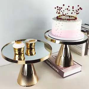 फैंसी धातु सोने दर्पण चेहरा शादी के केक खड़े हो जाओ 2 आकार के लिए एक सेट पार्टी केक सजावटी