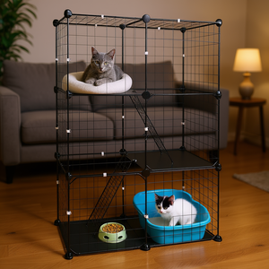 Enclos pour chat en métal noir à 3 niveaux, détachable, pour chatons, avec 3 portes, 2 échelles, grand espace d'exercice pour 1 ou 2 chats - Product Image 2