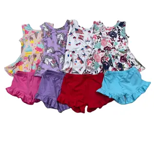 LZ2022 toptan bebek kız tunik kırpma üst ile ruffles Boxer 2 adet SET küçük kızlar giyim şort takımı