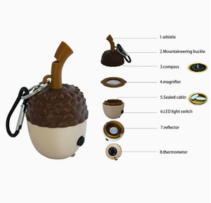 Nouveau <span class=keywords><strong>jouet</strong></span> sifflet 7-en-1 étanche en forme de pomme de pin mignon avec thermomètre, boussole, loupe, lampe torche et miroir de signalisation - Product Image 6