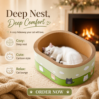 Lit pour chat en papier ondulé ovale, imprimé de dessins animés, nid pour chat, grattoir durable pour chat d'intérieur