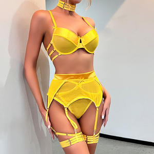 Gelbe Damen Dessous Sinnliche Fantasie Komfortable Atmungsaktive Dünne Mesh Sexy Body Shaping Mädchen Sexy BH Höschen Fünfteiliges Set - Product Image 4