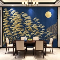 Papier peint mural personnalisé bleu marine motif roseau doré et lune, papier peint chinois moderne pour mur de fond de télévision de salon