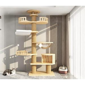 Árbol para Gatos Multifuncional de Madera Maciza con Cuerda de Cáñamo, 4 Niveles, con Hamaca y Casa Acogedora, 92 Pulgadas, para que los Gatos se Escalen - Product Image 1