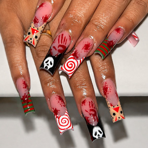 24 faux ongles à presser style French Tip Halloween, motif goutte de sang fantôme, couvrance totale, pour nail art de fête - Product Image 1