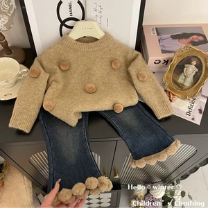 Girls Sweater Jeans Set Thick Knit Solid Color Camel Blue 3668 Autumn Winter Childrens Outfit - Product Image 1