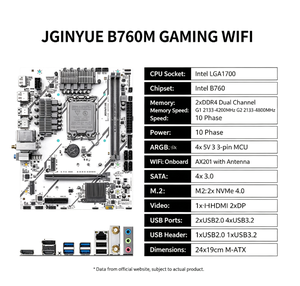 Carte mère JGINYUE B760M GAMING WIFI LGA1700 DDR4 4800MHz 10 Phases d'alimentation 2x M.2 NVMe 4.0 WiFi <span class=keywords><strong>6</strong></span> <span class=keywords><strong>AX201</strong></span> intégré ARGB pour PC de bureau - Product Image 2