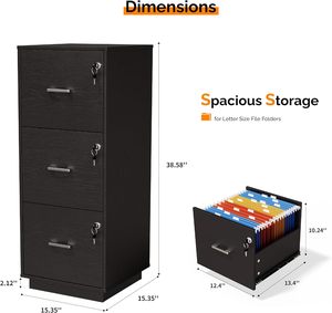 Meuble de classement moderne en bois à 3 tiroirs avec serrure, pour <span class=keywords><strong>dossiers</strong></span> format Lettre, avec onglets, base roulante pour bureau, organisation de fichiers mobile pour la maison et le bureau - Product Image 3