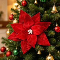 Fleur de Poinsettia de Noël en Velours Rouge, Fleur Artificielle de 34 cm, Décoration Florale de Fêtes pour la Collection de Noël, Vente en Gros