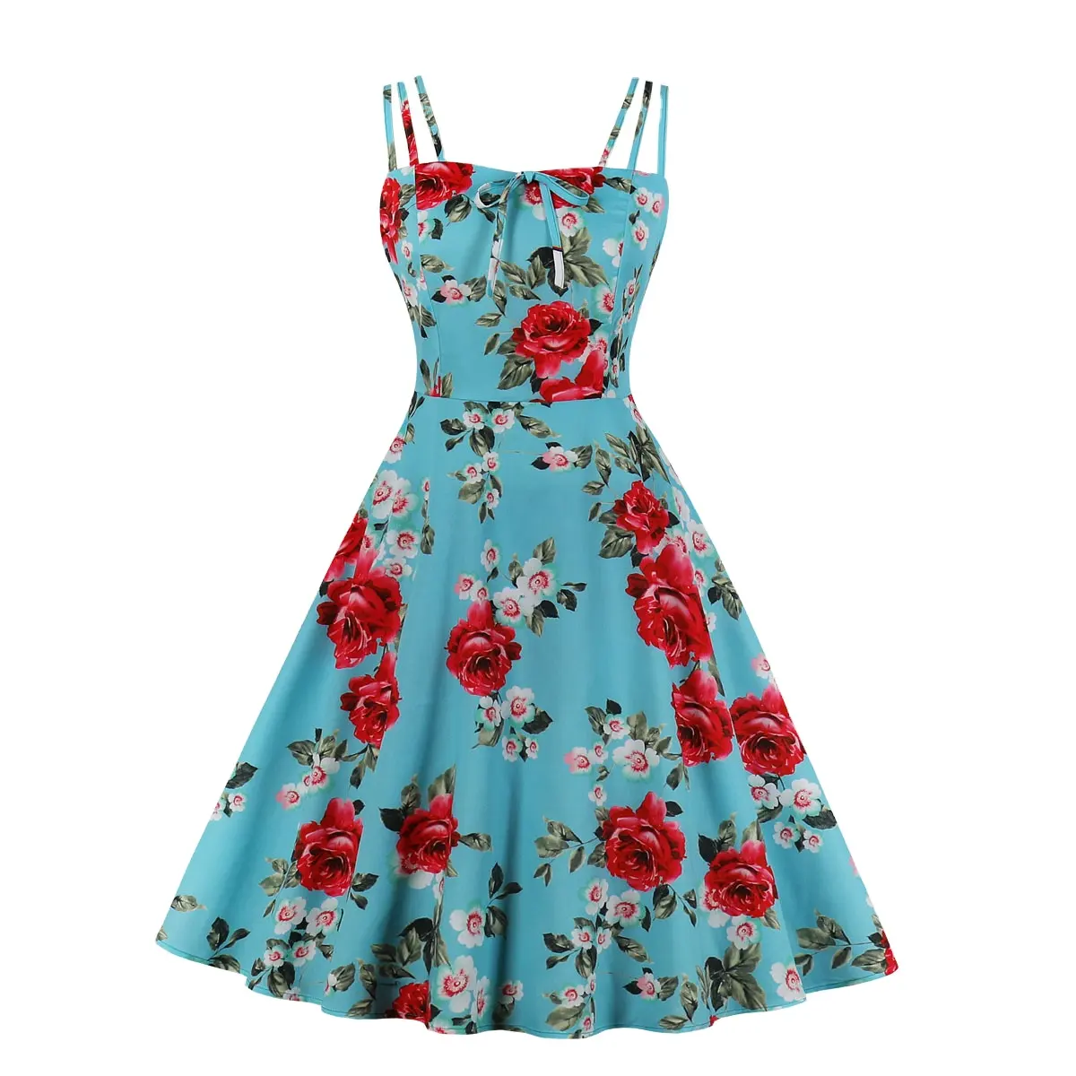 Bow Front Floral Print Rockabilly Vintage Robe Femme Spaghetti Strap Women 2022 Sexy Party Fit and Flare Summer Dress