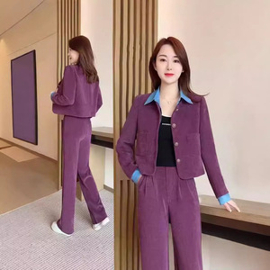 Women's Casual Suit Set Purple Corduroy Two Piece With Buttons Anti Wrinkle Wide Leg Pants Top Spring Style - Product Image 1