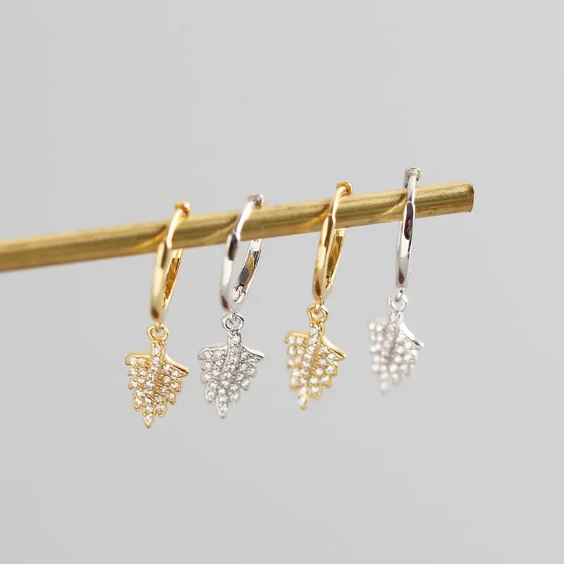 2022 NEW fashion jewelry 925 Sterling Silver leaf earrings 18K gold plated leaf dangle with diamond hoop earrings for women
